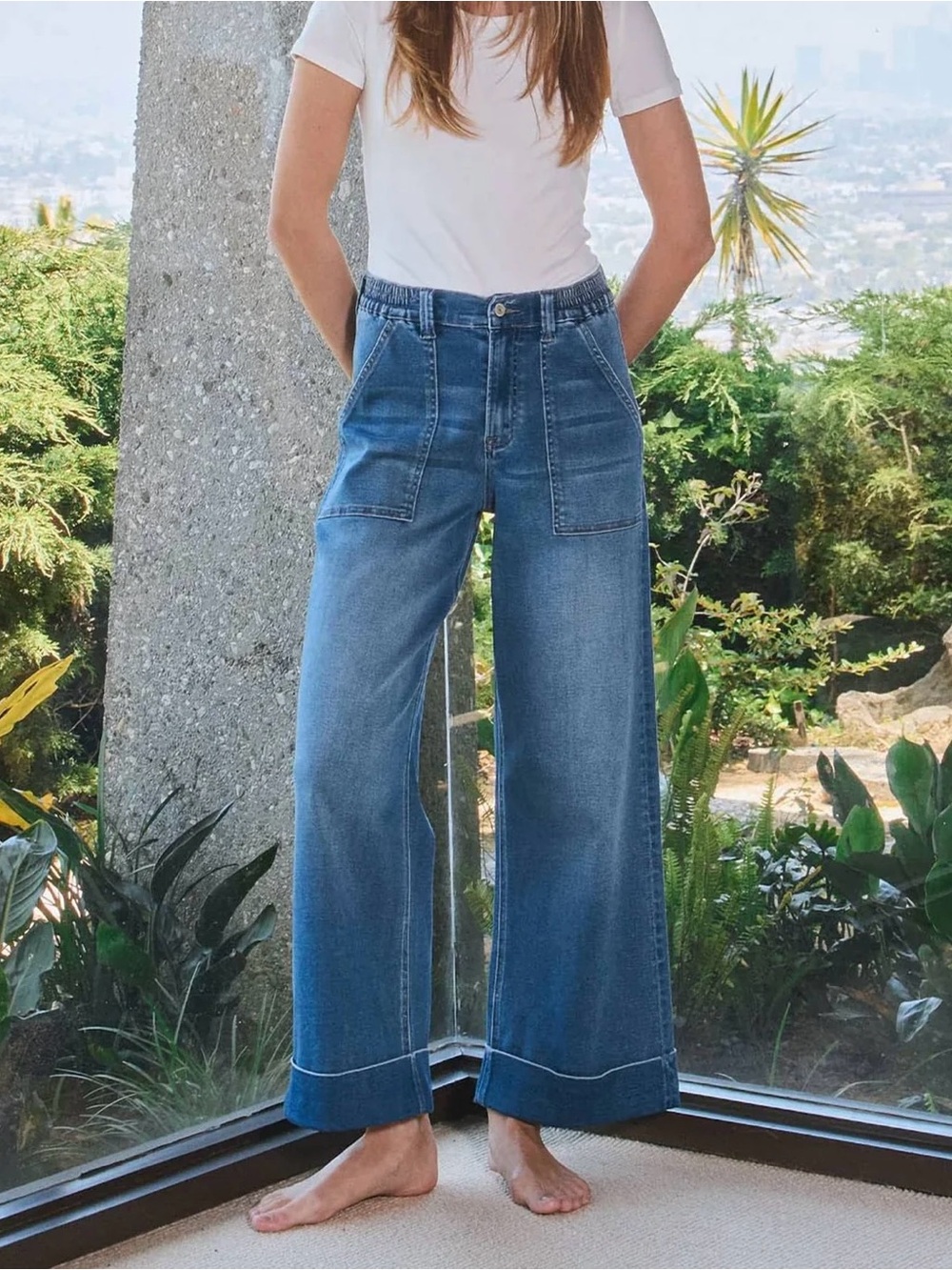 VERVET Cuffed Wide Leg High Rise Elastic Waist Denim Jeans Size 27